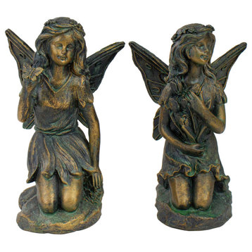 Set of 2 Bronze Kneeling Fairies With Flowers & A Butterfly Garden Statues, 7"