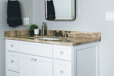 Inspiration for a large transitional master porcelain tile and gray floor freestanding bathtub remodel in Chicago with shaker cabinets, white cabinets, gray walls and an undermount sink