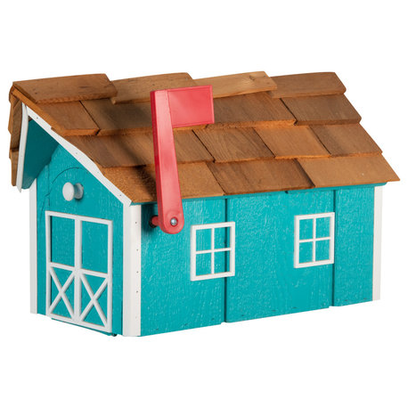 Cedar Shake Roof Standard Wood Mailbox, Aruba Blue & White