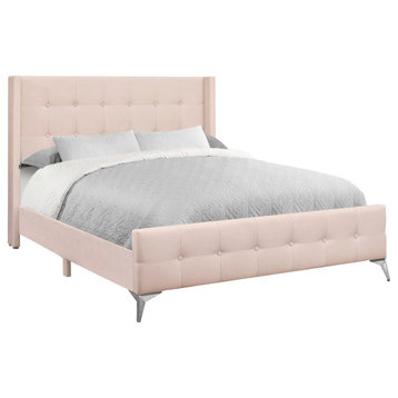 Bed, Queen Size, Bedroom, Upholstered, Pink Velvet, Chrome Metal Legs