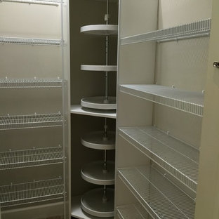 Contemporary kitchen pantry inspiration - Example of a trendy porcelain floor kitchen pantry design in Miami with open cabinets, white cabinets and white backsplash