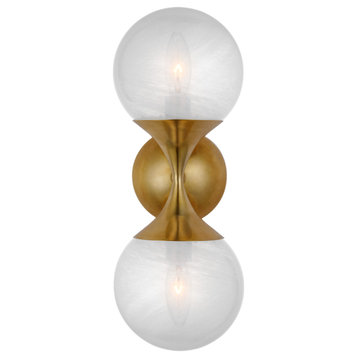 Cristol Small Double Sconce in Hand-Rubbed Antique Brass with White Glass