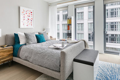 Example of a trendy bedroom design in New York with gray walls