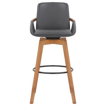 Baylor Swivel Wood Bar or Counter Stool in Faux Leather, BLACK