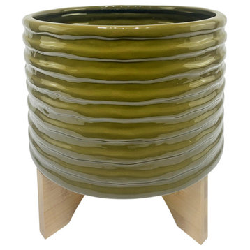 Ceramic 11" Textured Planter With Stand, Olive