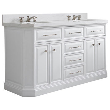 60" Palace Quartz Pure White Vanity With Hardware, Faucets in Polished Nickel