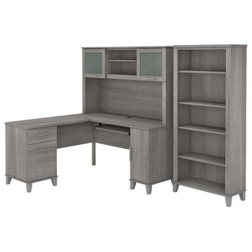 Pemberly Row 60W L Shaped Desk with Hutch and Bookcase in Gray - Engineered Wood