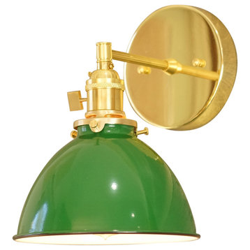 Country Cottage 1-Light Brass Wall Sconce, Green Lamp Shade