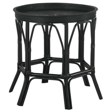 Coastal Side Table, Slender Rattan Legs With Geometric Motif & Tray Top, Black