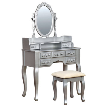 Wooden Vanity with Stool, Silver