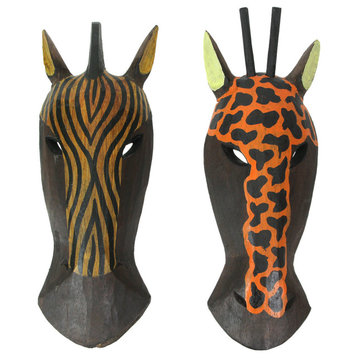Pair of African Zebra and Giraffe Mask Wall Hangings 10 In.