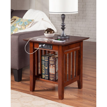 Afi Mission Solid Hardwood End Table With USB Charger Set of 2 Walnut