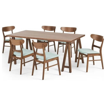 7 Pieces Dining Set, Large Table & Comfy Padded Chairs, Mint/Walnut