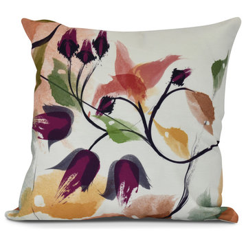 Windy Bloom, Floral Print Outdoor Pillow, Red, 16"x16"