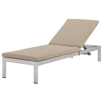 Lounge Chair Chaise, Aluminum, Metal, Silver Beige, Modern, Outdoor Patio Cafe
