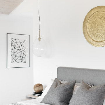 Gray and B&W Master Bedroom with Hanging Brass Pendant