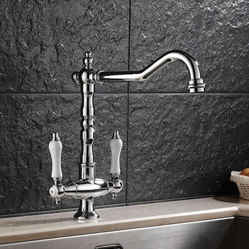 Classic Double Porcelain Lever Handles Single Hole Brass Kitchen Faucet in Polis