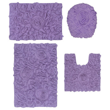 Bell Flower Collection Bath Rug, 4Pcs Set w/ Toilet Lid Cover-Purple
