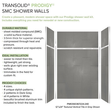 Transolid PWKX60367224-240 Prodigy 60"x36"x96" Shower Wall Kit, Grey Vertical