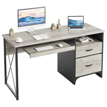Industrial Desk, Spacious Top With Keyboard Tray & Storage Drawers, Gray