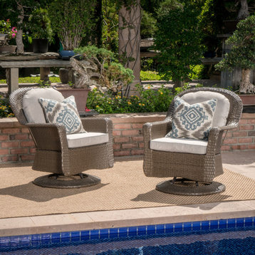GDF Studio Linsten Outdoor Wicker Swivel Club Chairs, Water Resistant Cushions