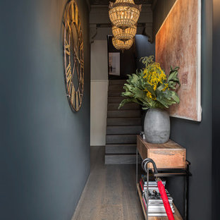 Aménagement d'une entrée éclectique de taille moyenne avec un couloir, un sol en bois brun, un sol marron et un mur noir.