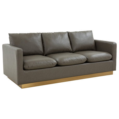 LeisureMod Nervo Modern Leather Sofa With Gold Base, Gray