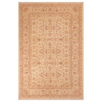 Bareens Designer Rugs - Bohemien Ziegler Rufina Beige Tan Hand-Knotted Wool Rug - 6'1'' x 8'11'' - Enhance the ambiance of your home with this magnificent Persian-influenced Turkish hand-knotted rug made by skilled artisans capable of creating the most exceptional vegetable dyes and hand-spun wool. This exquisite handmade rug is a one-of-a-kind Peshawar Kafkaz, otherwise identified as Chobi, Chobi Peshawar, Oushak, or Ziegler rug. These handmade rugs are crafted in Pakistan utilizing superior-quality wool imported from Australia, New Zealand, and Korea in two types of weaves: the Persian weave and the Mori weave. This rug is meticulously crafted by hand using the finest natural vegetable dyes extracted from local plants. The artisans use a blend of hand-spun local and fine merino wool, resulting in a rug with a compelling texture, higher lanolin content, and longer staple. The artisans occasionally incorporate natural or artificial silk into the pile to enhance specific motifs. The finished product is an awe-inspiring execution of flawless design and an understated palette that exudes elegance.