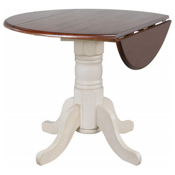 42" Round Extendable Drop Leaf Dining Table, Antique White & Chestnut Brown