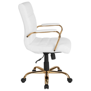 Mid-Back White Leather Executive Swivel Office Chair With Gold Frame and Arms