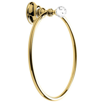 Chrome or Gold Towel Ring With Crystal, Gold