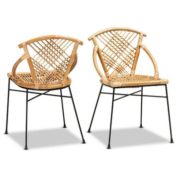 Set of 2 Dining Chair, Metal Frame With Rattan Seat & Unique Backrest, Natural