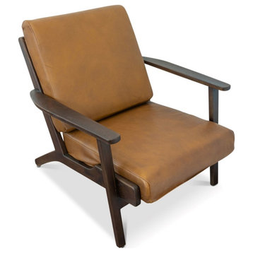 Pemberly Row Tight Back Genuine Leather Upholstered Lounge Chair in Tan Cognac