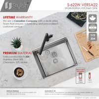STYLISH 22'' Workstation Single Bowl Undermount 16G Stainless Steel Kitchen Sink