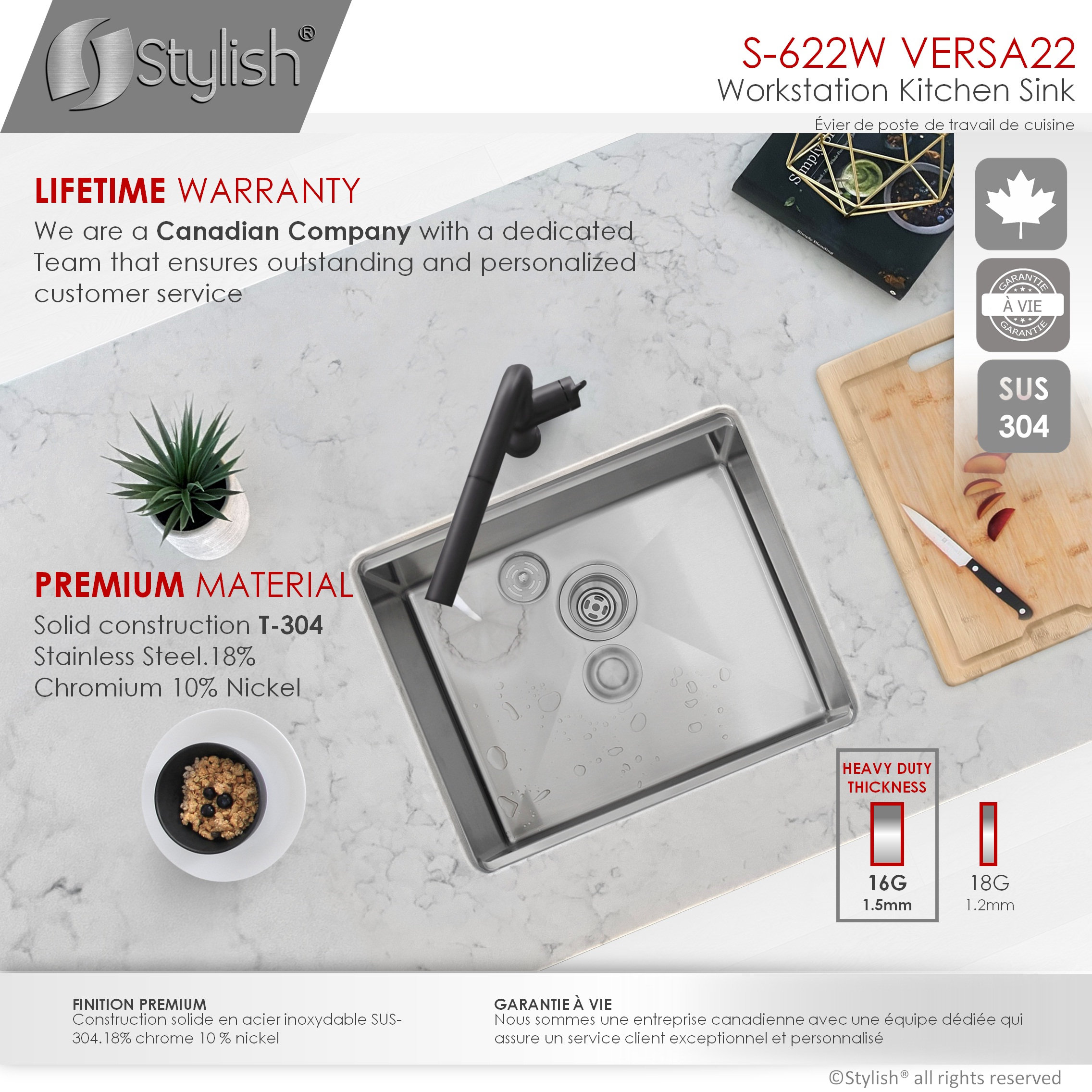 STYLISH 22'' Workstation Single Bowl Undermount 16G Stainless Steel Kitchen Sink
