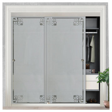 Frameless 2 Leaf Sliding Closet Bypass Glass Door, Top Flower Design., 24" X 80"