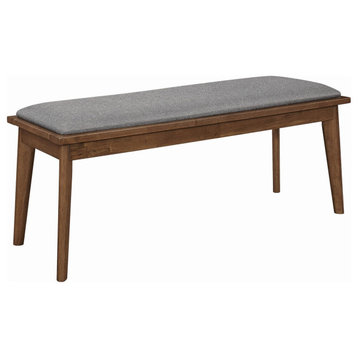 Fabric Upholstered Wooden Bench With Chamfered Legs, Gray And Brown