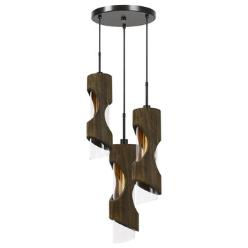 60W Zamora 3-Light Wood Pendant With Clear Glass Shade