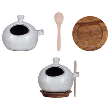 Stoneware Salt Jar With Wood Spoon and Coaster, Cream