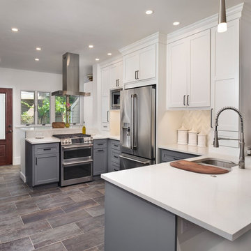 Modern Transitional Two-Tone Kitchen Remodel | White & Gray Cabinets, Brick