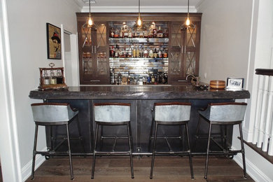 Home bar - mid-sized shabby-chic style medium tone wood floor home bar idea in New York