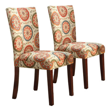 Set of 2 Dining Chair, Comfortable Polyester Seat With Suzani Pattern, Orange