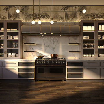 Luxury Kitchen Interior — Brass Range Hood with Botanical Wallpaper
