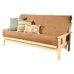 Studio Living - Caleb Frame Futon With Antique White Finish, Suede Peat - The futon is a classic hardwood frame with mission style arms. This unique and versatile full size futon sofa easily converts to a Bed.  This multifunctional piece of furniture can find a home in just about any type of room.