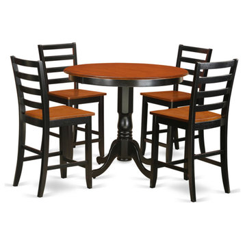 Traditional Dining Set, Round Table & 4 Chairs With Ladder Back, Walnut/Black