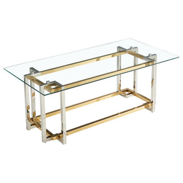 Contemporary Rectangular Glass and Metal Coffee Table, Silver/Gold