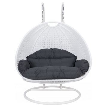 2 Person White Wicker Double Hanging Egg Swing Chair, Black
