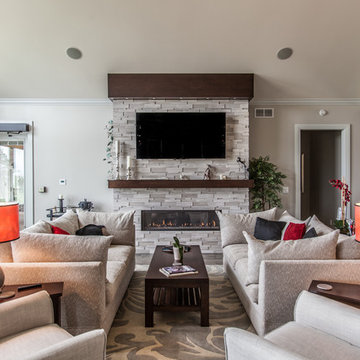Modern Family Room with Lineal Fireplace
