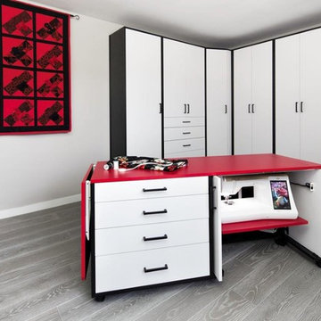 Sculpted White-Red-Black HPL Wall Bed & Sewing Room