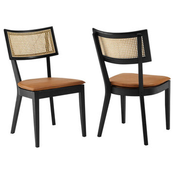 Caledonia Vegan Leather Upholstered Wood Dining Chairs Set of 2, Black Tan